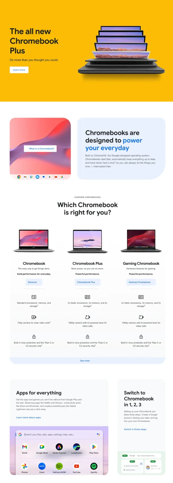The Chromebook Plus page: a yellow hero announcing the all new Chromebook Plus, an introduction to Chromebooks, the comparison table, and sections on apps and switching to Chromebook.